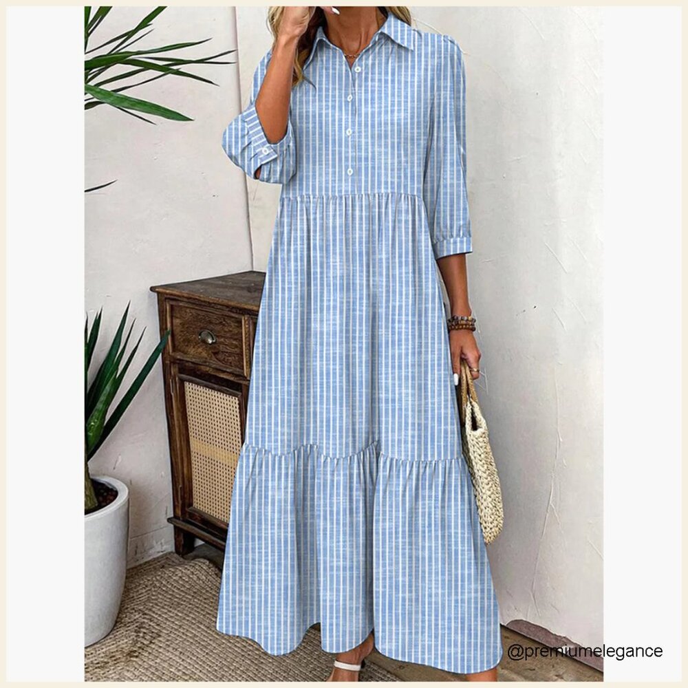 Maxi Dress with Pockets, 3/4 Sleeve, Loose Fit, Tiered Skirt, V-Neck - Picture 7 of 7